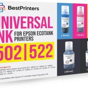 Universal 502 & 522 Inks | 502 Ink Refill Bottles (5 Bottles – 2BK C M Y) Compatible with Ecotank Printer Ink Refill for ET-2850, 2800, 3850, 4800, 4850, 3760, 2803, 2760, 4760 | High Yield