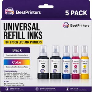Universal 502 & 522 Inks | 502 Ink Refill Bottles (5 Bottles – 2BK C M Y) Compatible with Ecotank Printer Ink Refill for ET-2850, 2800, 3850, 4800, 4850, 3760, 2803, 2760, 4760 | High Yield