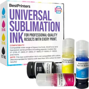 Sublimation Ink Universal (BK) 127ml & (CMY) 70ml for All Dye Based Ink Models ET-2800 ET-2700 ET-2750 ET-4800 ET-2400 ET-15000 Heat Press Transfer on Mugs, T-Shirts, Anti-UV ICC-Free